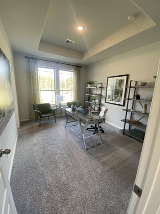 A cozy office space featuring plush carpet, a sleek desk, and large windows for natural light.