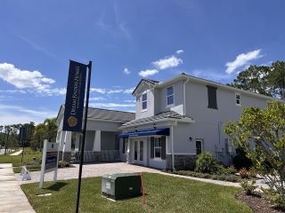 A modern white home with a neat yard in Palms at Windermere by Dream Finders Homes, Windermere, FL.