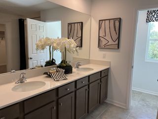 A chic bathroom with a dual sink vanity, elegant decor, and soft natural lighting.