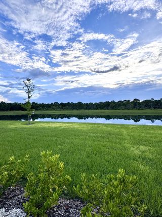 A lush green landscape with a serene pond under a bright blue sky in Rolling Hills by LGI Homes (Green Cove Springs, FL).
