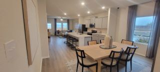 A modern open-concept kitchen and dining area with sleek lighting, light wood floors, and cozy living space.