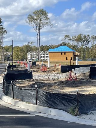 Street view New construction in Park's Edge at Carolina Bay by Pulte Homes, Charleston, SC, surrounded by trees and clear skies.
