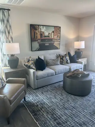 Model Home A cozy living room with a plush sofa, patterned rug, and chic artwork, creating a stylish and inviting atmosphere.