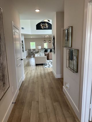 A modern hallway with wood flooring, leading to an open living space with stylish decor and natural light.