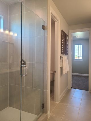 A modern bathroom featuring a sleek glass shower, neutral tiles, and elegant lighting.