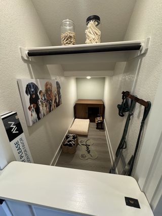 A cozy dog nook with pet art, treats, and toys, featuring a soft bed and playful decor. Ideal for furry friends to relax.