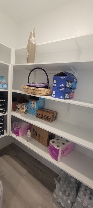 Model Home A spacious pantry with white shelving, ideal for organizing essentials and showcasing stylish decor.