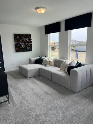 A cozy living room with a modern gray sectional sofa, colorful wall art, and plush carpet.