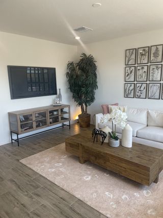 A cozy living room with a white sofa, wooden coffee table, and botanical wall art, complemented by warm wood flooring.