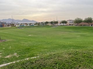 Expansive green park with mountain views in Highland Ridge at Alamar by Brookfield Residential (Avondale, AZ).