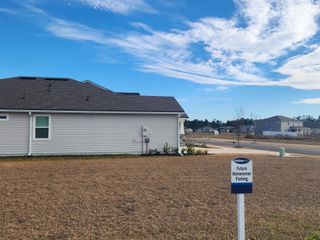 Street view A modern home with a spacious lawn and bright sky in Lakes at Bella Lago by Mattamy Homes (Green Cove Springs, FL).