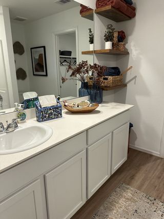 A cozy bathroom with a sleek vanity, accent shelving, decorative plants, and light wood flooring.