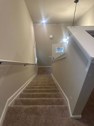 Carpeted staircase with soft beige walls and modern lighting, creating a warm and inviting interior ambiance.