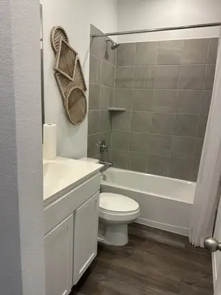 A modern bathroom featuring a sleek vanity, wood flooring, and a tiled shower area with decorative wall hangings.