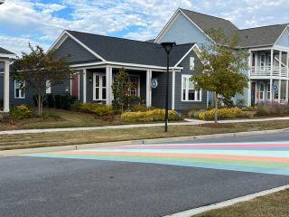Charming blue homes with inviting porches and landscaped lawns in Nexton - Midtown - The Park Collection by David Weekley Homes (Summerville, SC).