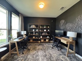 Model Home A modern home office with dual desks, bookshelves, abstract wall art, and large windows for natural light.