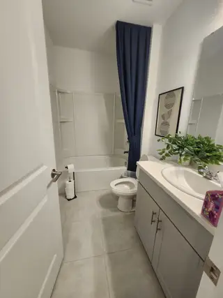 A modern bathroom featuring a sleek vanity, shower-tub combo, and stylish floor tiles with a touch of greenery.