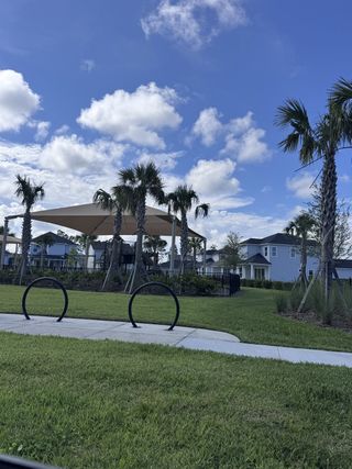 Scenic community park with palm trees in Crosswinds at Nocatee by Riverside Homes (Ponte Vedra Beach, FL).