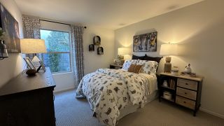 Cozy bedroom featuring whimsical bedding, thoughtful decor, and ample natural light through a large window.