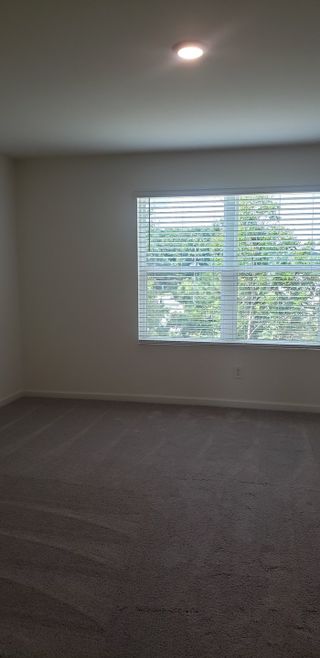 Model Home A serene bedroom with plush carpet, soft lighting, and a large window with blinds offering lush green views.