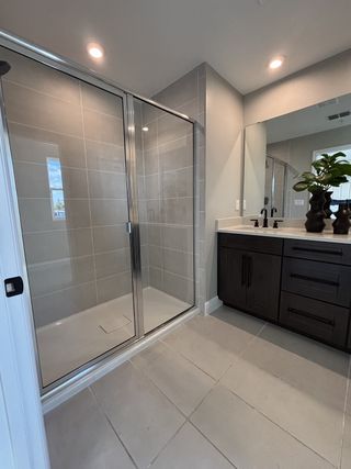 Modern bathroom with sleek glass shower, dark wood vanity, and potted plant on countertop.