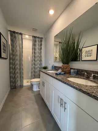 A sleek bathroom with a walk-in shower, modern tile, and bold decor in Osceola Village Townhomes by D.R. Horton (Kissimmee, FL).