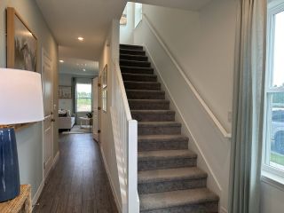A welcoming foyer with sleek hardwood flooring, carpeted stairs, and a cozy glimpse into the living area.