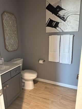 Model Home A contemporary bathroom with sleek gray cabinetry, modern artwork, and light wood flooring.