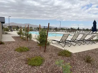 A beautiful pool area with lounge chairs and a landscaped setting in Allen Ranches: Fiesta Collection by Taylor Morrison (Litchfield Park, AZ).
