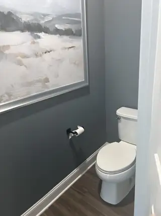 A modern bathroom with dark gray walls, a sleek toilet, and a serene landscape painting for elegant ambiance.