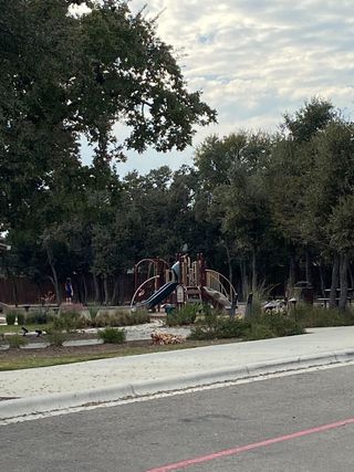 A scenic playground surrounded by lush trees in Lively Ranch: Claremont Collection by Lennar (Georgetown, TX).