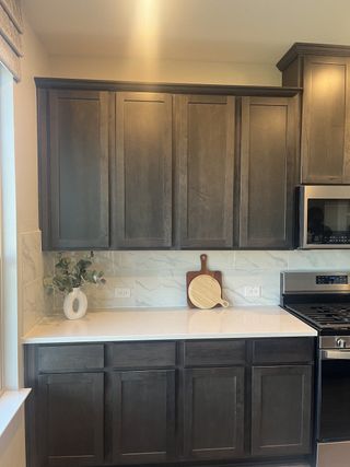 A stylish kitchen with dark wood cabinetry, a sleek backsplash, and quartz countertops, creating a modern and inviting cooking space.