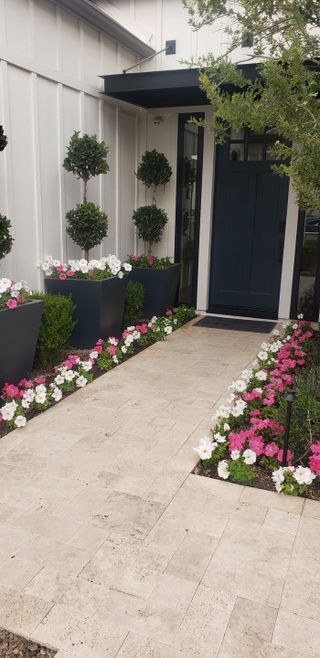 Street view A lovely entrance with potted topiary, colorful flowers, and a dark door in Stone Crest by Camelot Homes (Gilbert, AZ).