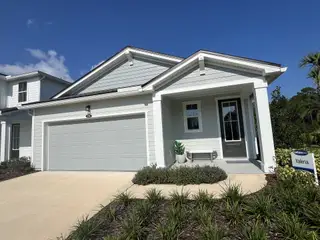Street view A charming light gray home with a welcoming porch and lush landscaping in RiverTown - Springs by Mattamy Homes (St. Johns, FL).