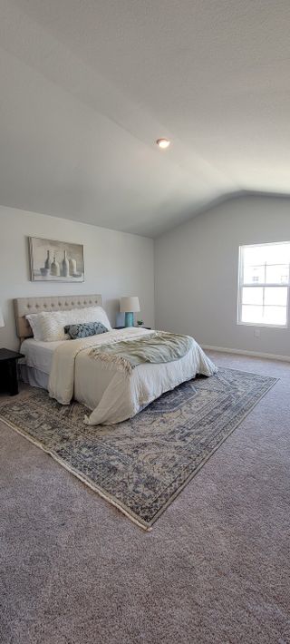 A cozy bedroom with a tufted bed, plush bedding, large patterned rug, and soft lighting.