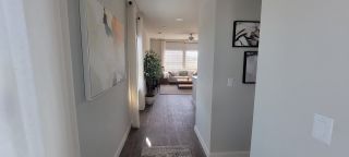 Bright hallway leading to a cozy living room with wood floors, modern art, and large windows for natural light.
