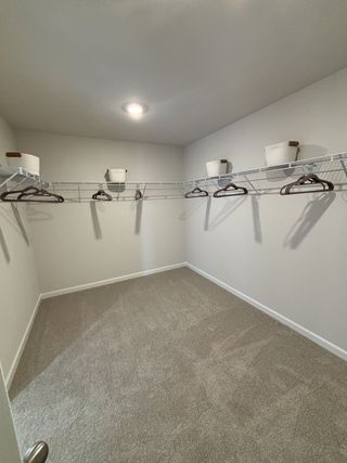 A spacious walk-in closet with carpeted flooring, wire shelving, and overhead lighting.