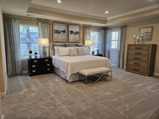 A spacious bedroom with elegant decor, featuring plush carpeting, stylish furniture, and soft lighting.