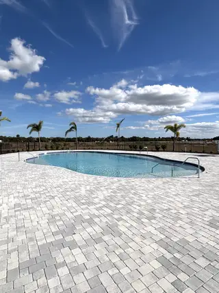 A pristine swimming pool with a paved deck and palm trees in St. Johns Preserve by Landsea Homes (Palm Bay, FL).